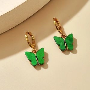 🎉 New Gold Plated Green Butterfly Huggie Hoops earrings set